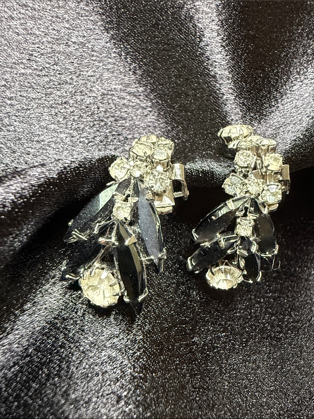 Vintage Black Crystal Marquise Drop Clip-On Earrings Eisenberg Style-